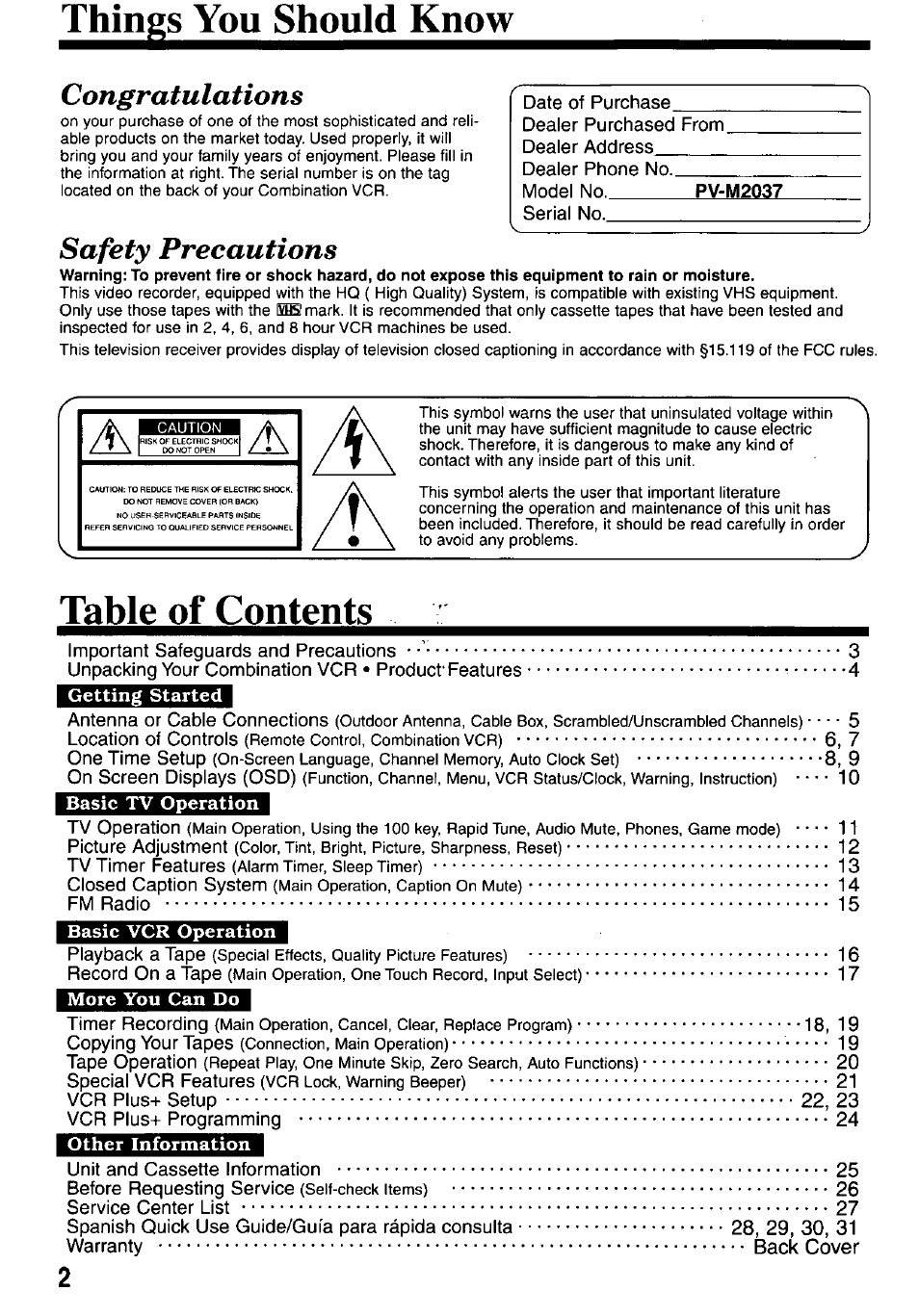 Thingsj^dushou, Safety precautions, 5location of controls | 6 , 7 one time setup, 8 , 9 on screen displays (osd), 10 tv operation, 11 picture adjustment, 12 tv timer features, 13 closed caption system, 14 fm radio playback a tape | Panasonic PV-M2037 User Manual | Page 2 / 32