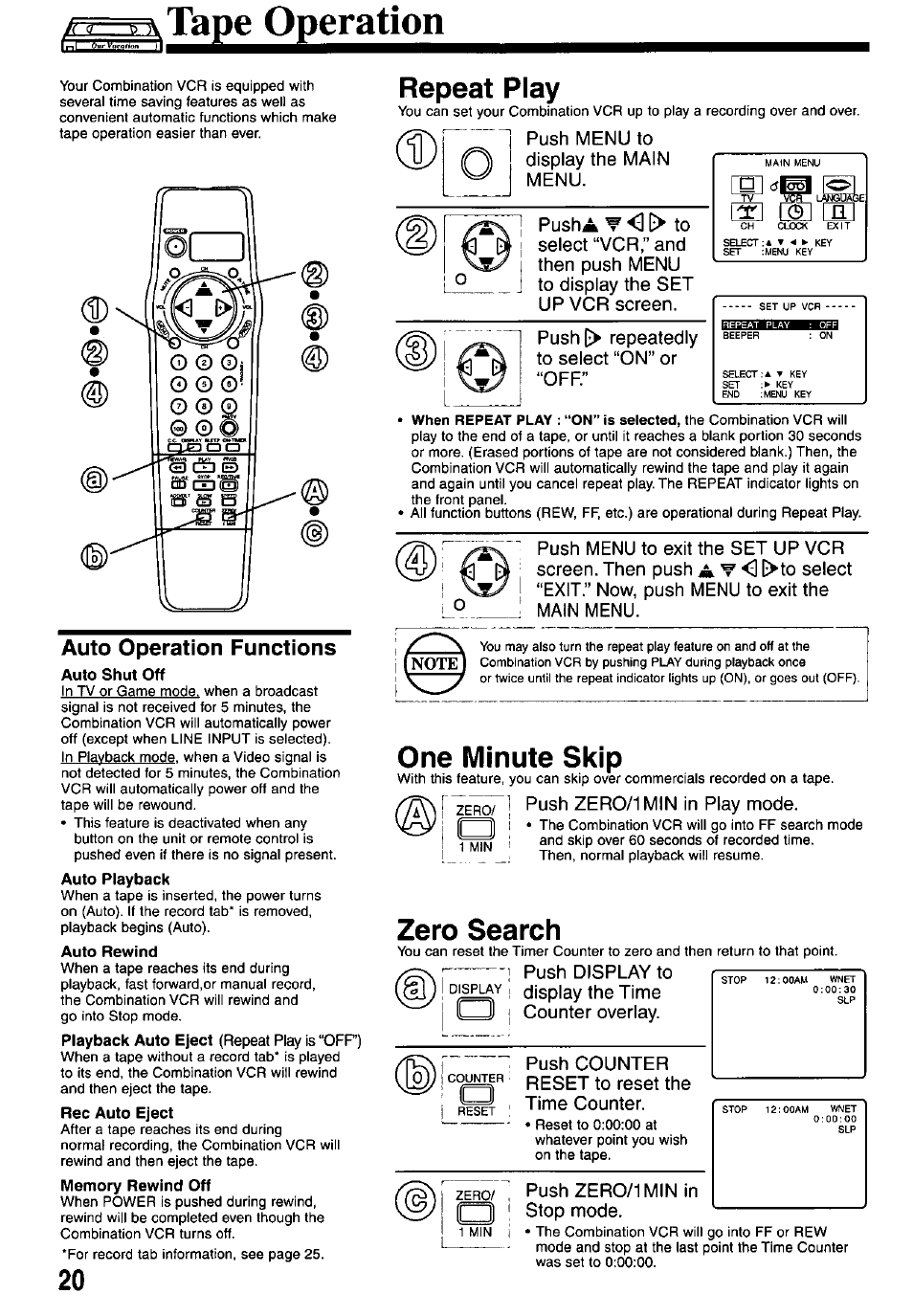 Rr b \tape operation, Auto operation functions, Auto shut off | Auto playback, Auto rewind, Rec auto eject, Memory rewind off, Repeat play, One minute skip, Zero search | Panasonic PV-M2037 User Manual | Page 20 / 32