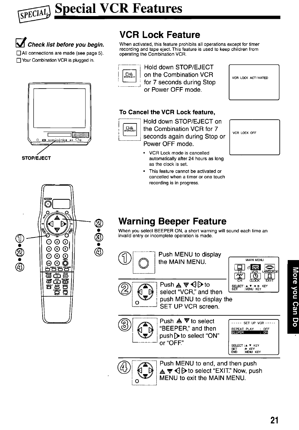 Speci, Special vcr features, K/ check list before you begin | Vcr lock feature, To cancel the vcr lock feature, Warning beeper feature, Push | Panasonic PV-M2037 User Manual | Page 21 / 32