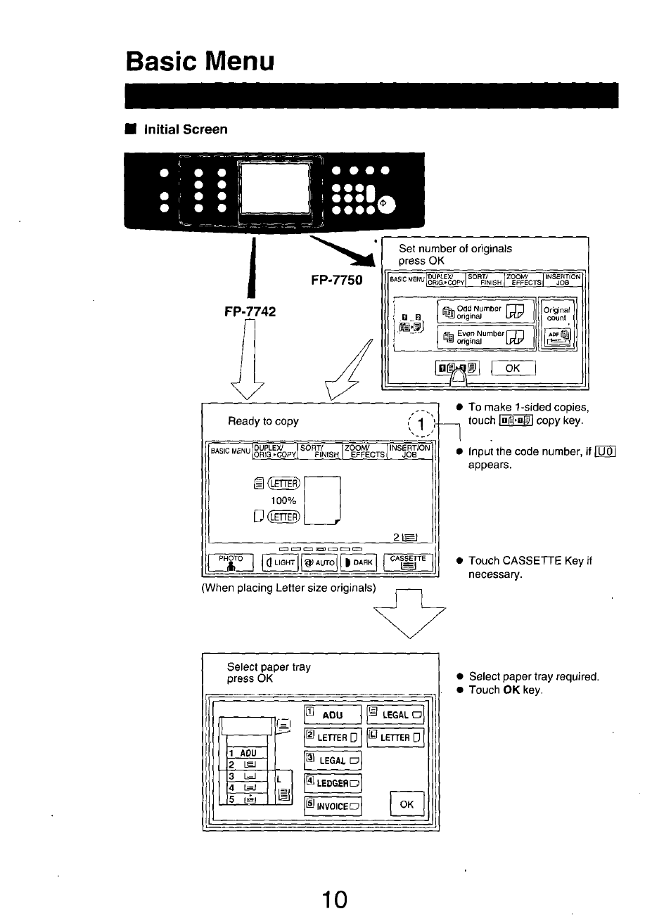 Initial screen, Basic menu | Panasonic 7750 User Manual | Page 10 / 64