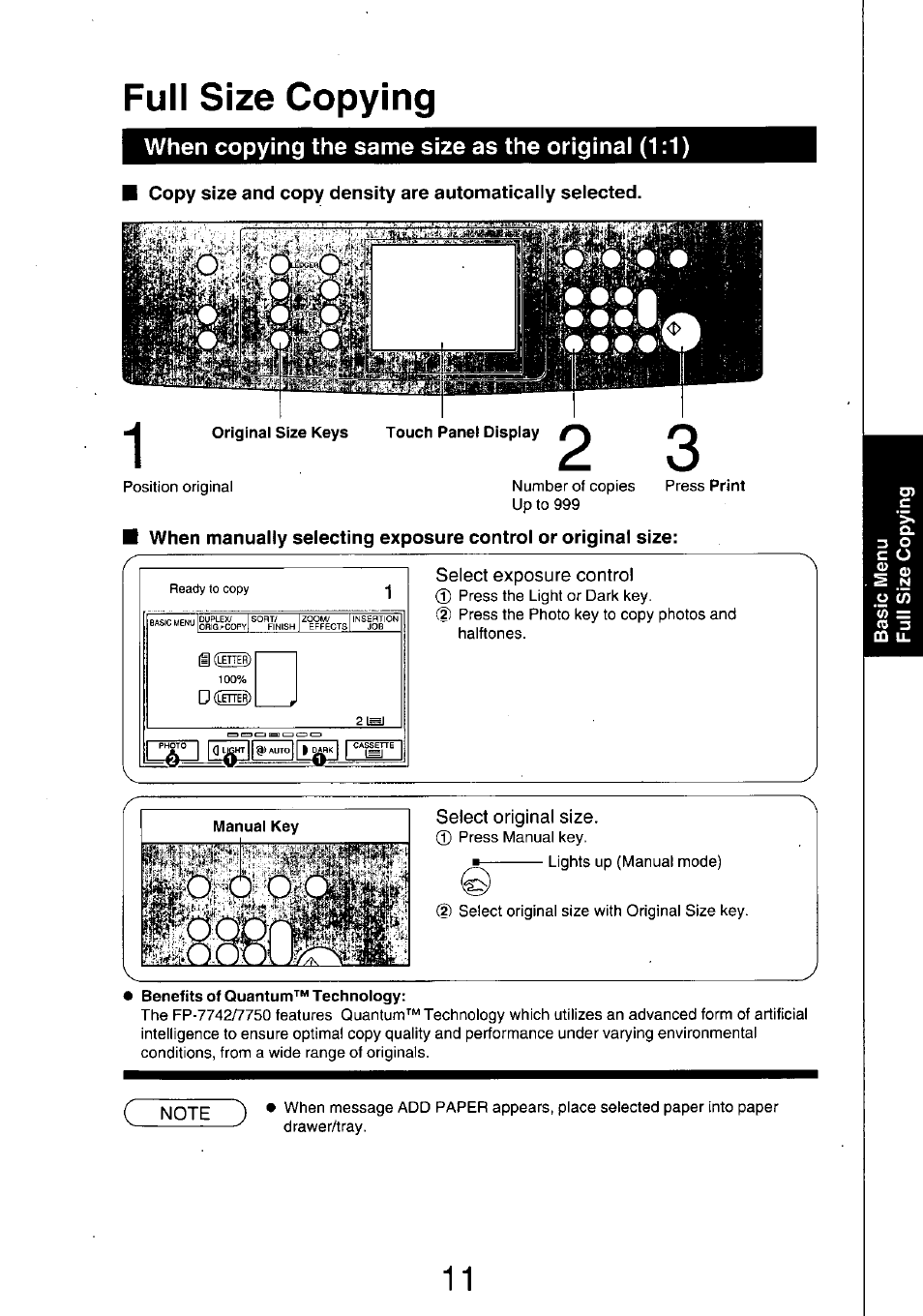 Select exposure control, Manual key, Select original size | Benefits of quantum^“ technology, Full size copying, Illpifip, When copying the same size as the original (1:1) | Panasonic 7750 User Manual | Page 11 / 64