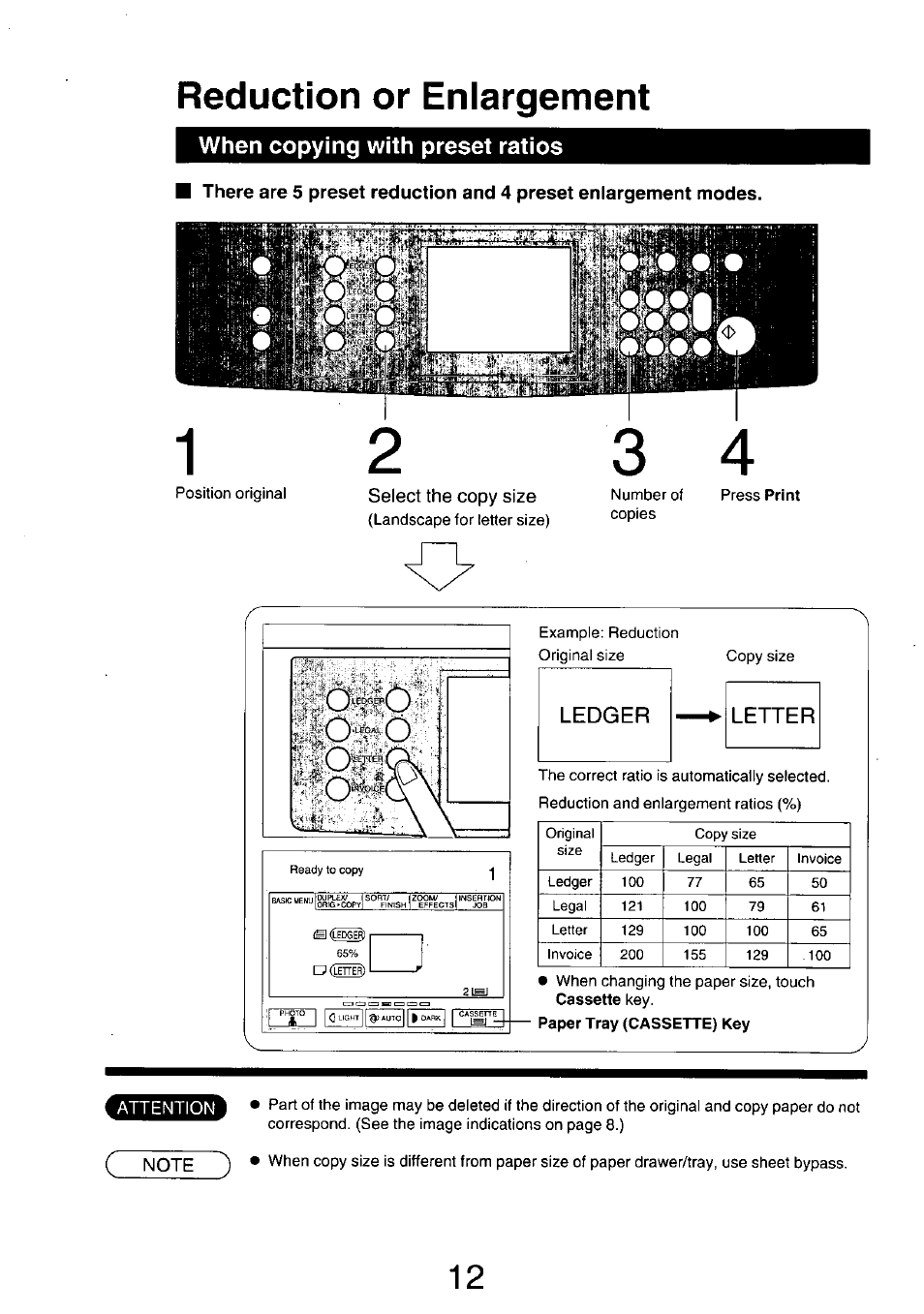 Select the copy size, Reduction or enlargement, When copying with preset ratios | Panasonic 7750 User Manual | Page 12 / 64