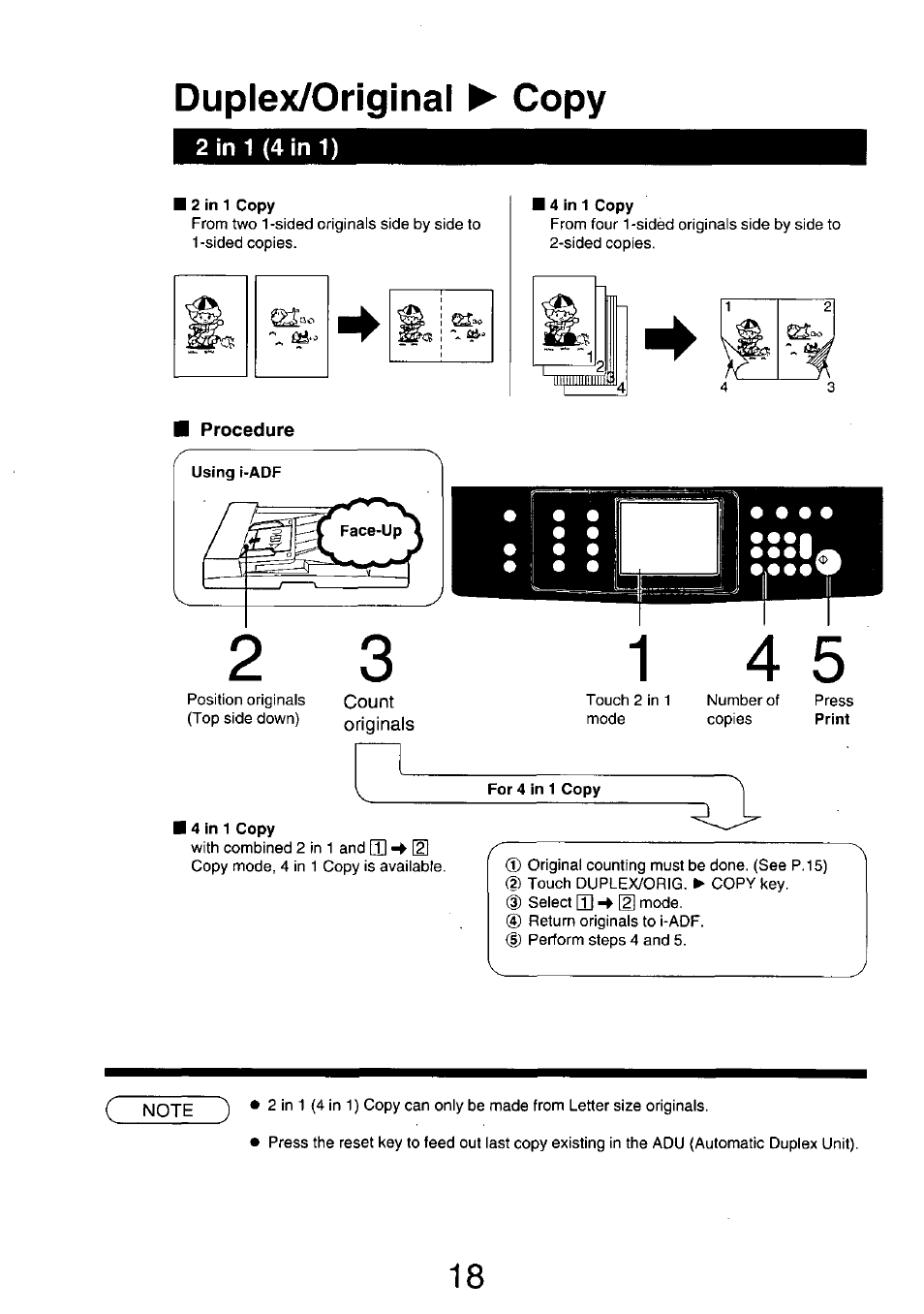 Procedure, Duplex/original ^ copy, 2 in 1 (4 in 1) | Panasonic 7750 User Manual | Page 18 / 64