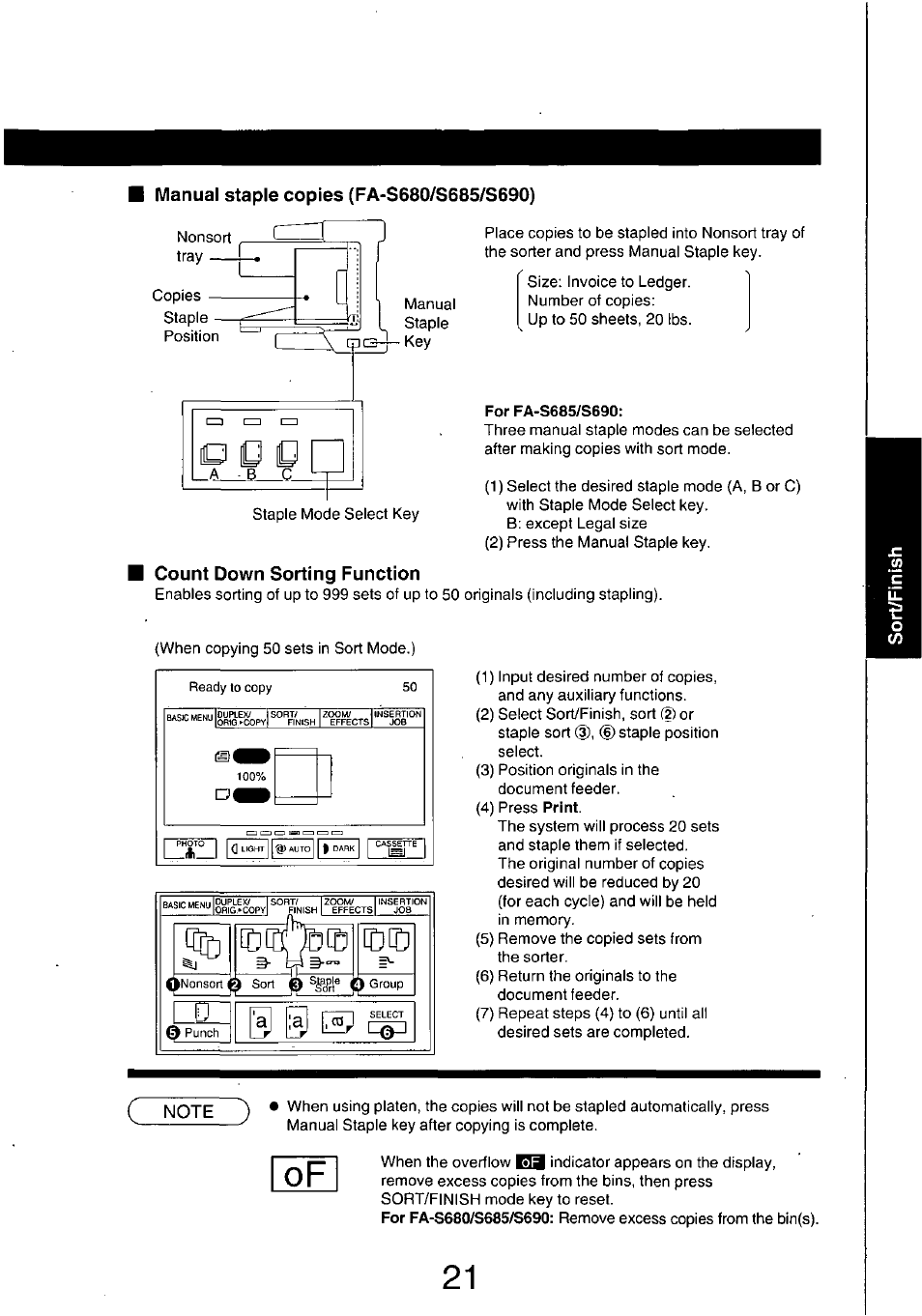 Manual staple copies (fa-s680/s685/s690), For fa-s685/s690, Count down sorting function | Fa-s685/s690, Manual staple | Panasonic 7750 User Manual | Page 21 / 64