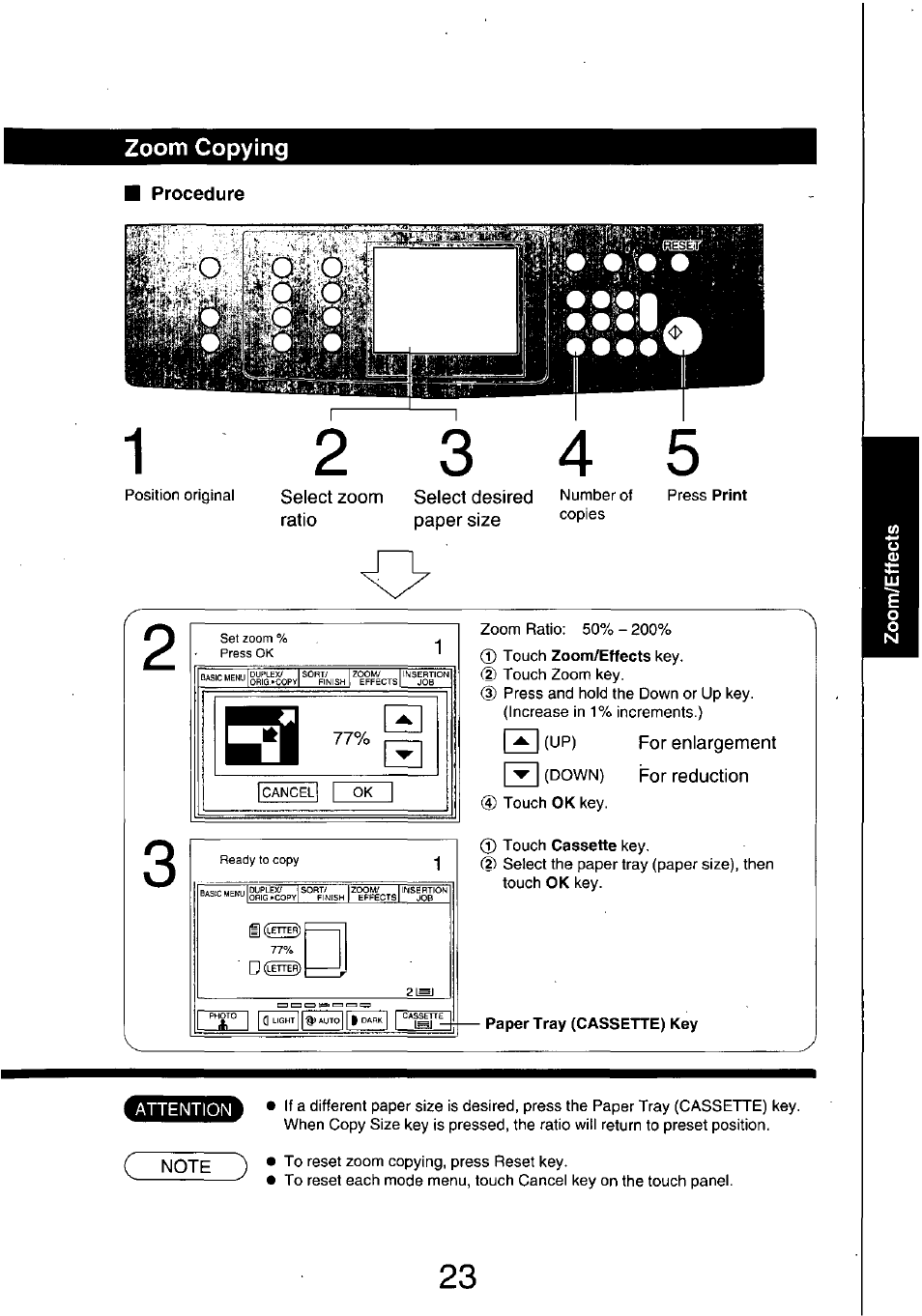 Procedure, Select zoom ratio, Select desired paper size | H(up), For enlargement for reduction, Note ) | Panasonic 7750 User Manual | Page 23 / 64