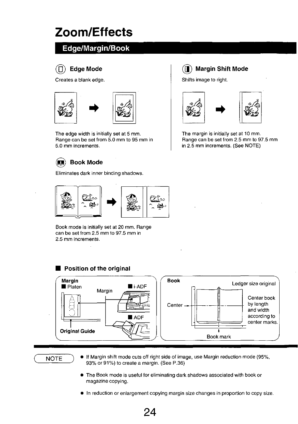 Book mode, Margin shift mode, Position of the original | Zoom/effects, Edge/margin/book | Panasonic 7750 User Manual | Page 24 / 64