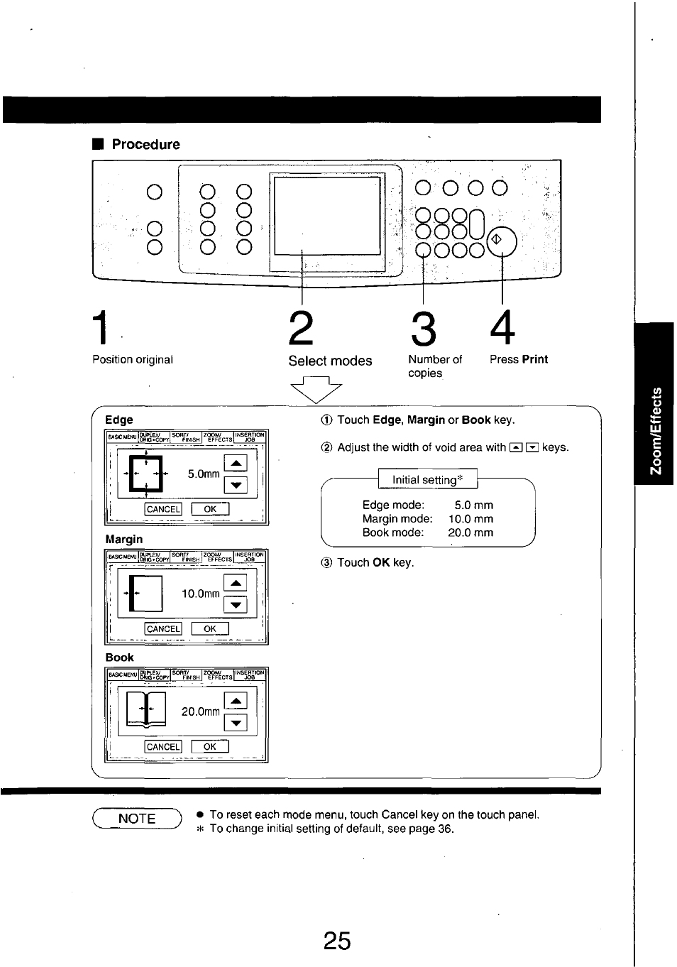 Procedure, Select modes, Edge | Margin, Book | Panasonic 7750 User Manual | Page 25 / 64