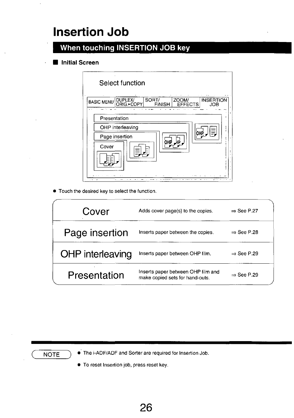 Initial screen, Insertion job, Rcover | Page insertion, Ohp interleaving, Presentation, When touching insertion job key | Panasonic 7750 User Manual | Page 26 / 64