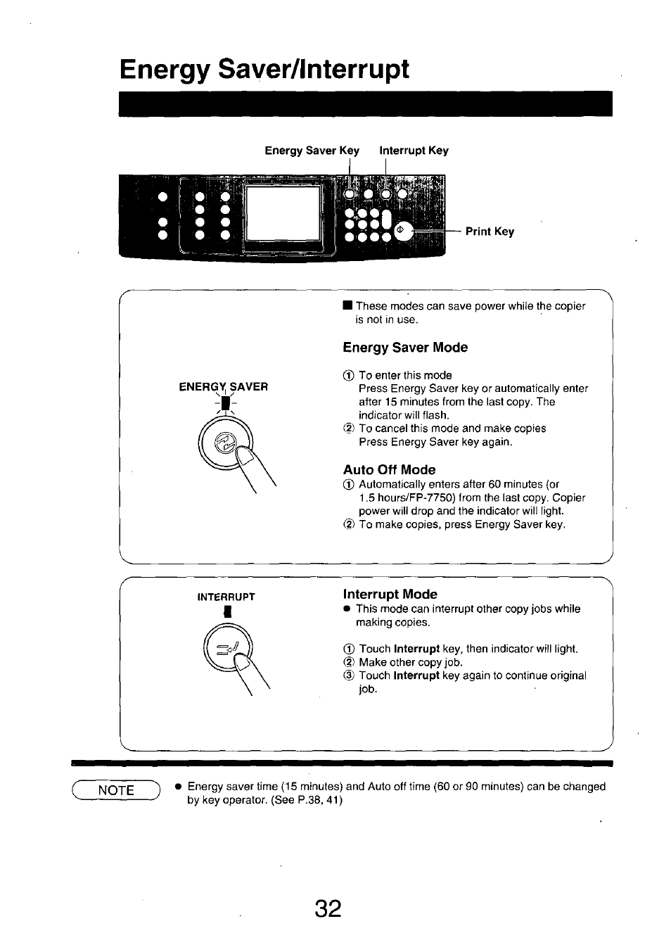 Energy saver mode, Auto off mode, Interrupt mode | Energy saver/interrupt | Panasonic 7750 User Manual | Page 32 / 64