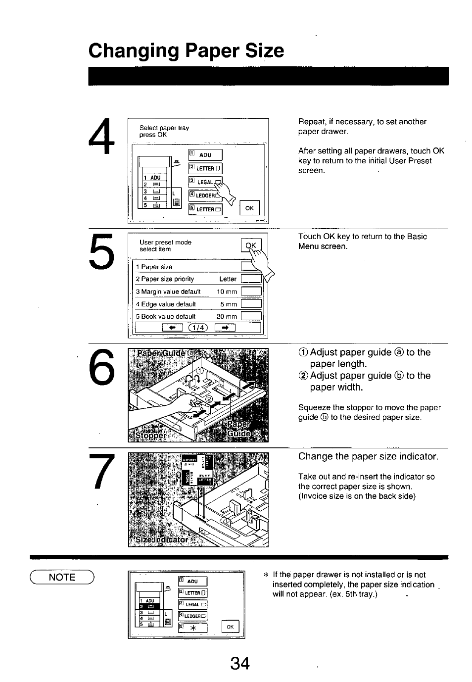 T) adjust paper guide @ to the paper length, 2) adjust paper guide ® to the paper width, Change the paper size indicator | Changing paper size | Panasonic 7750 User Manual | Page 34 / 64