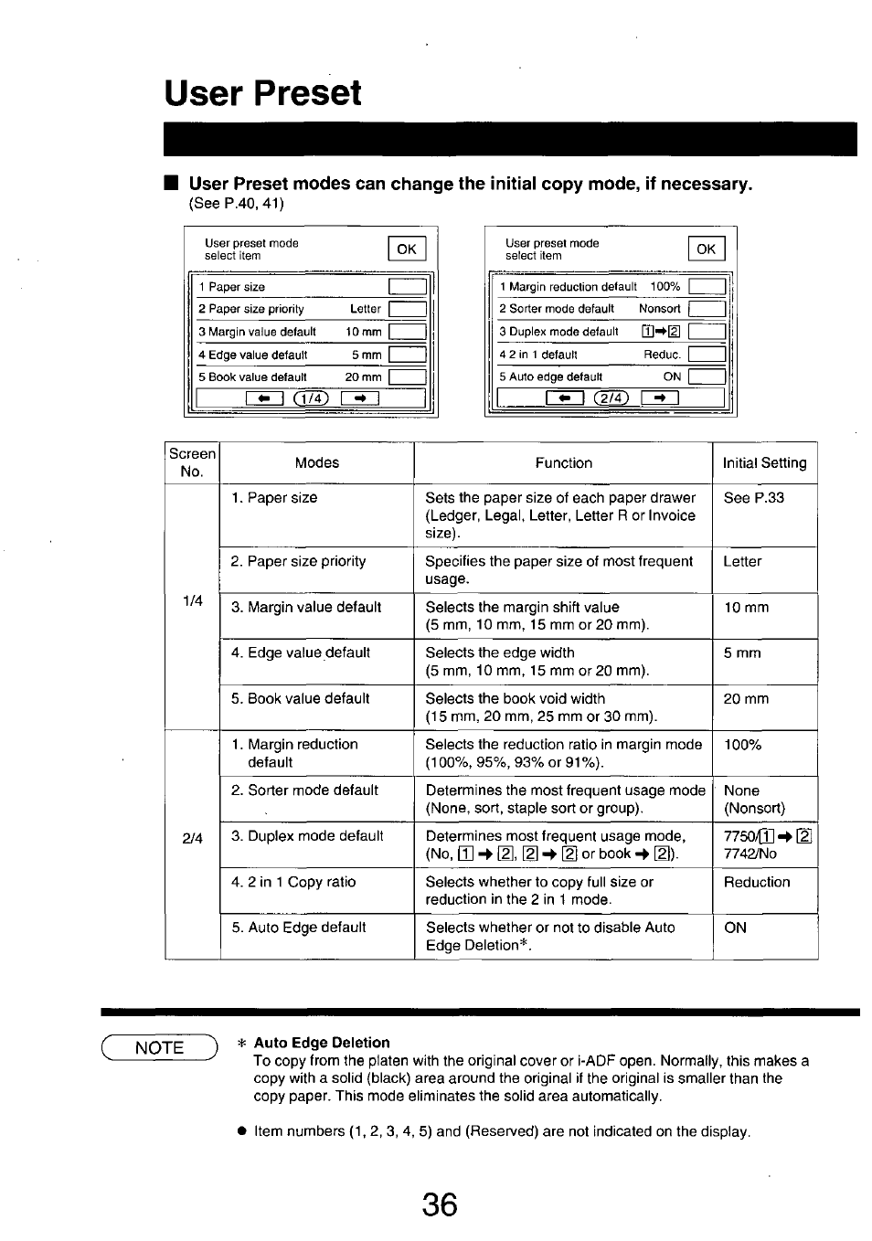 Note ^ edge deletion, User preset | Panasonic 7750 User Manual | Page 36 / 64