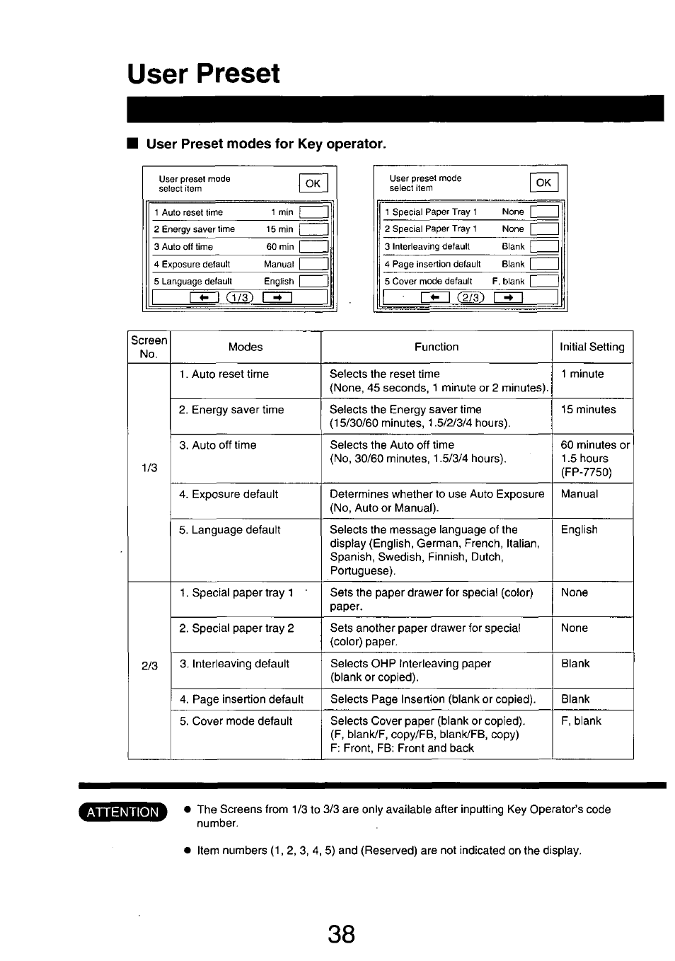 User preset modes for key operator, User preset | Panasonic 7750 User Manual | Page 38 / 64