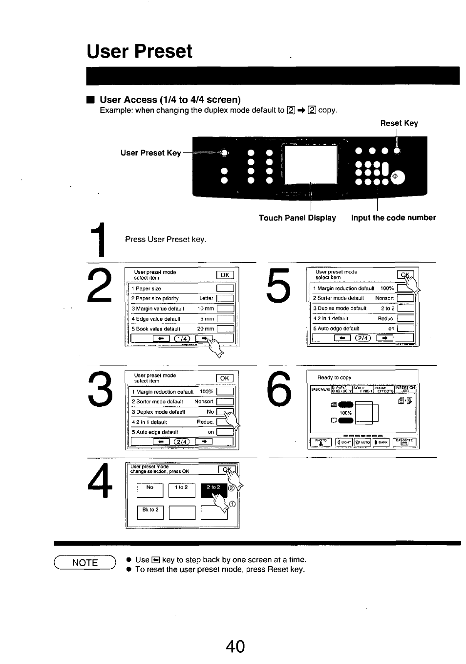 User access (1/4 to 4/4 screen), Touch panel display input the code number, User preset | Panasonic 7750 User Manual | Page 40 / 64