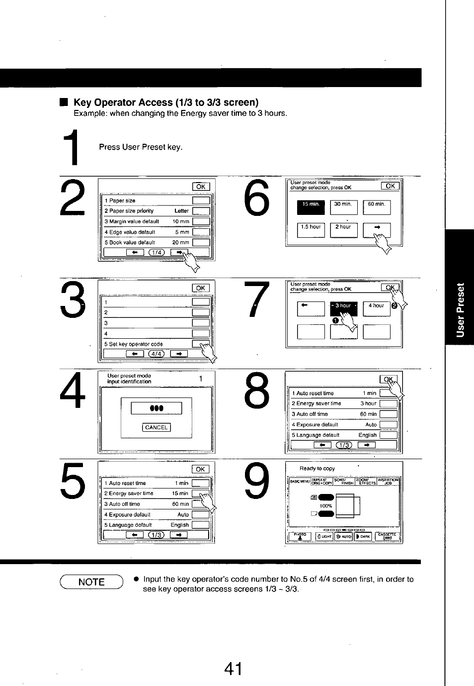 Key operator access (1/3 to 3/3 screen), Note | Panasonic 7750 User Manual | Page 41 / 64
