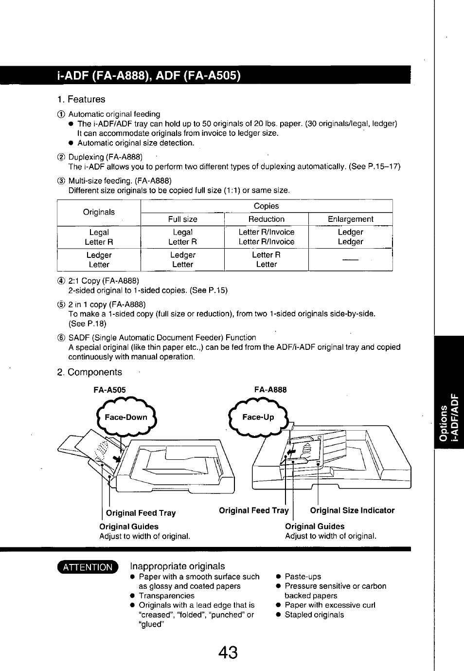 Features, Components, Fa-a505 | Gam inappropriate originals | Panasonic 7750 User Manual | Page 43 / 64