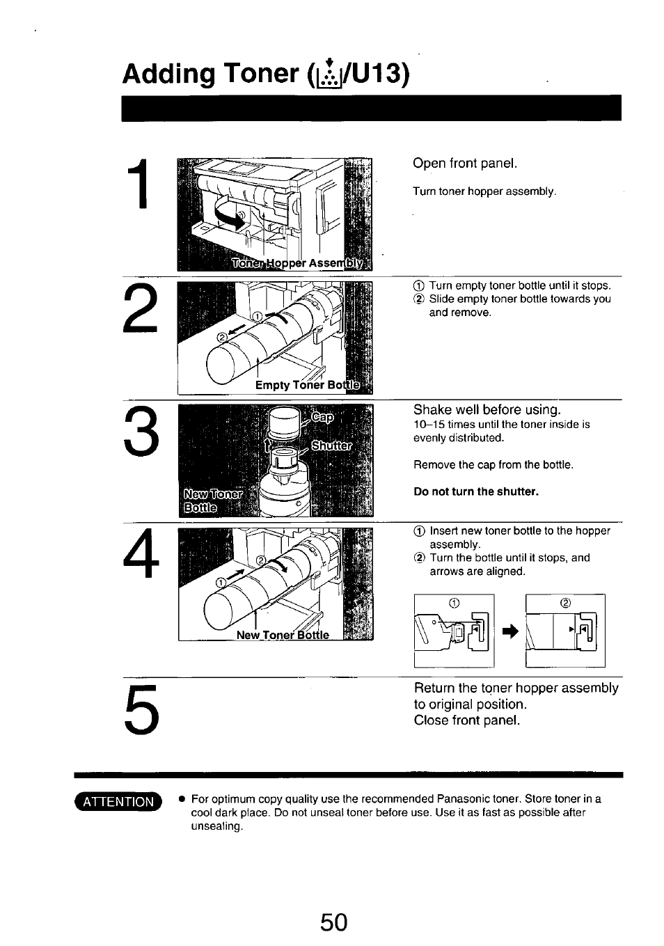 Open front panel, Shake well before using, Do not turn the shutter | Close front panel, Adding toner ([4]/u13) | Panasonic 7750 User Manual | Page 50 / 64