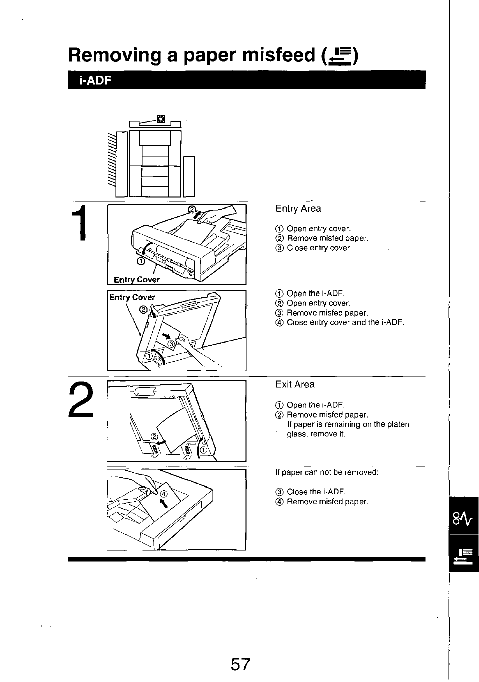 Entry area, Exit area, Removing a paper misfeed | Panasonic 7750 User Manual | Page 57 / 64