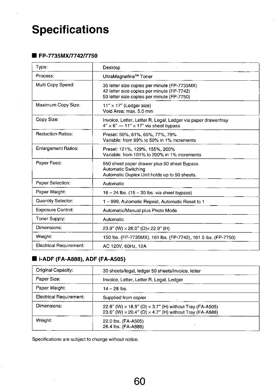 Fp-7735mx/7742/7750, I-adf (fa-a888), adf (fa-a505), Specifications | Panasonic 7750 User Manual | Page 60 / 64