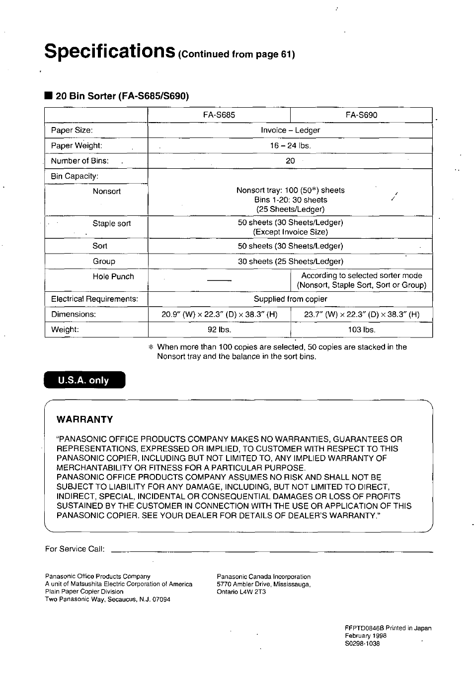 20 bin sorter (fa-s685/s690), Warranty, Specifications | Panasonic 7750 User Manual | Page 64 / 64