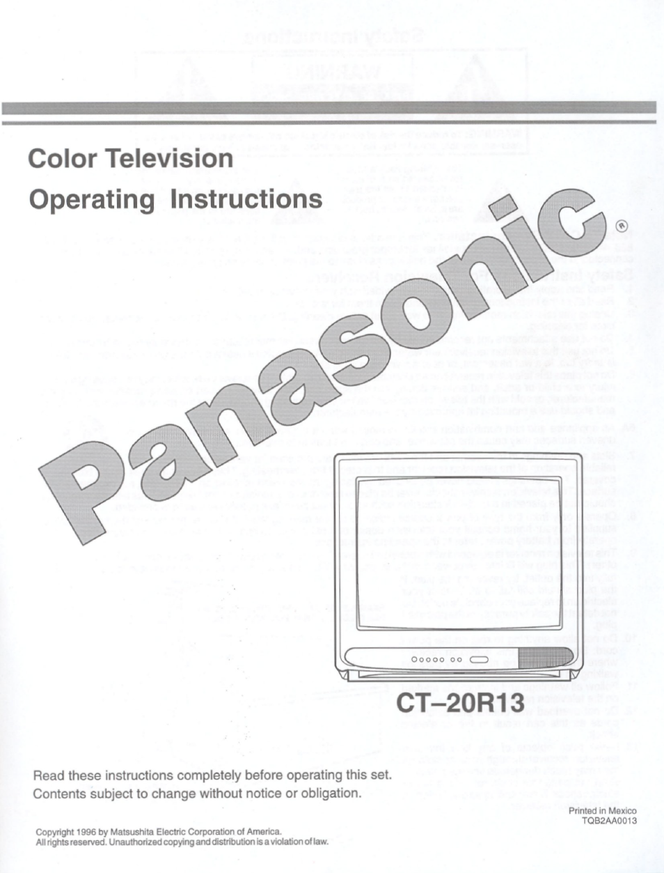 Panasonic CT-20R13 User Manual | 24 pages