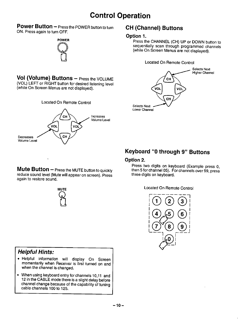 Option 1, Keyboard “0 through 9” buttons, Option 2 | Control operation, Helpful hints | Panasonic CT-20R13 User Manual | Page 10 / 24