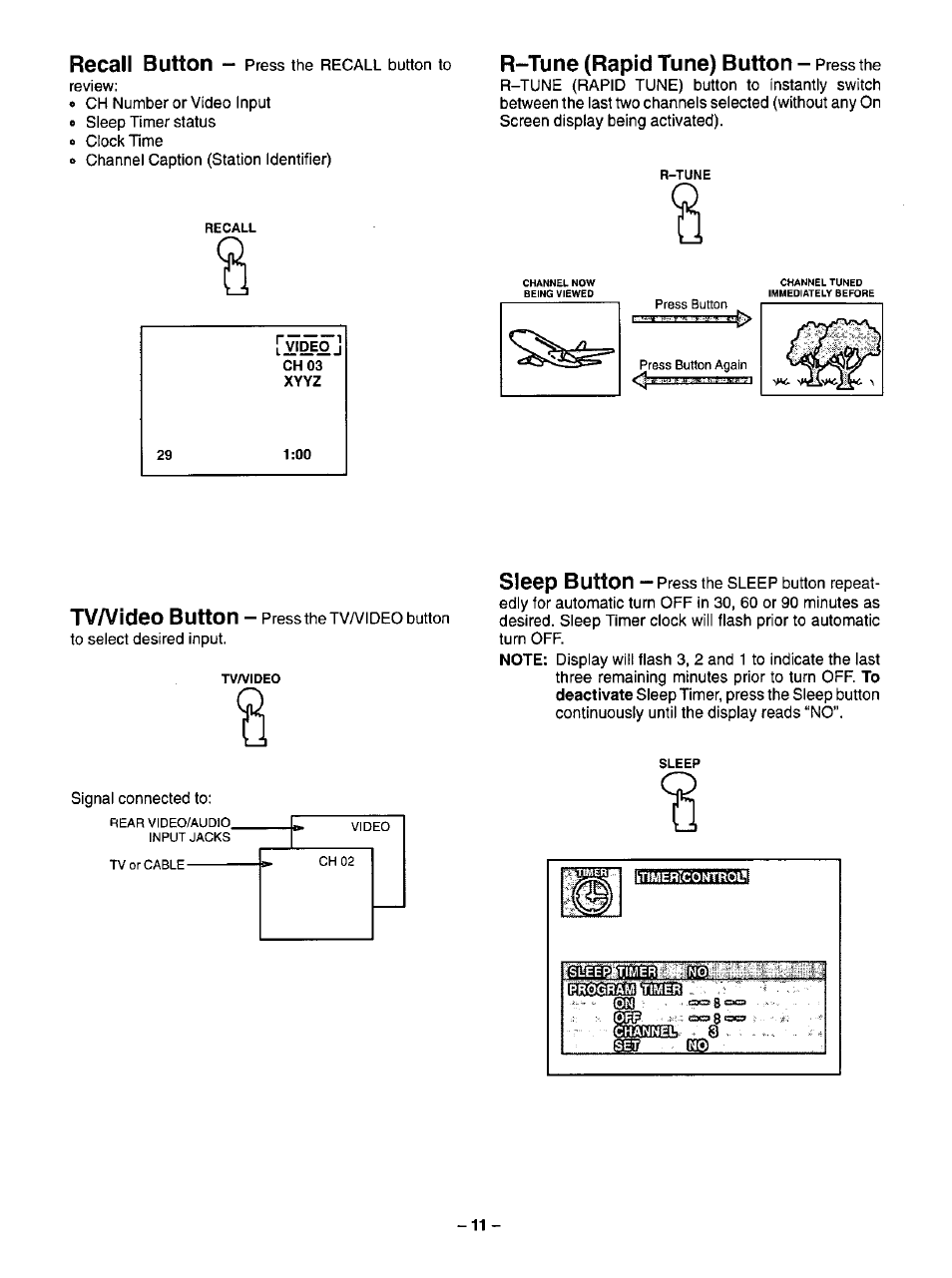 R“tune (rapid tune) button — press the, Rocall | Panasonic CT-20R13 User Manual | Page 11 / 24