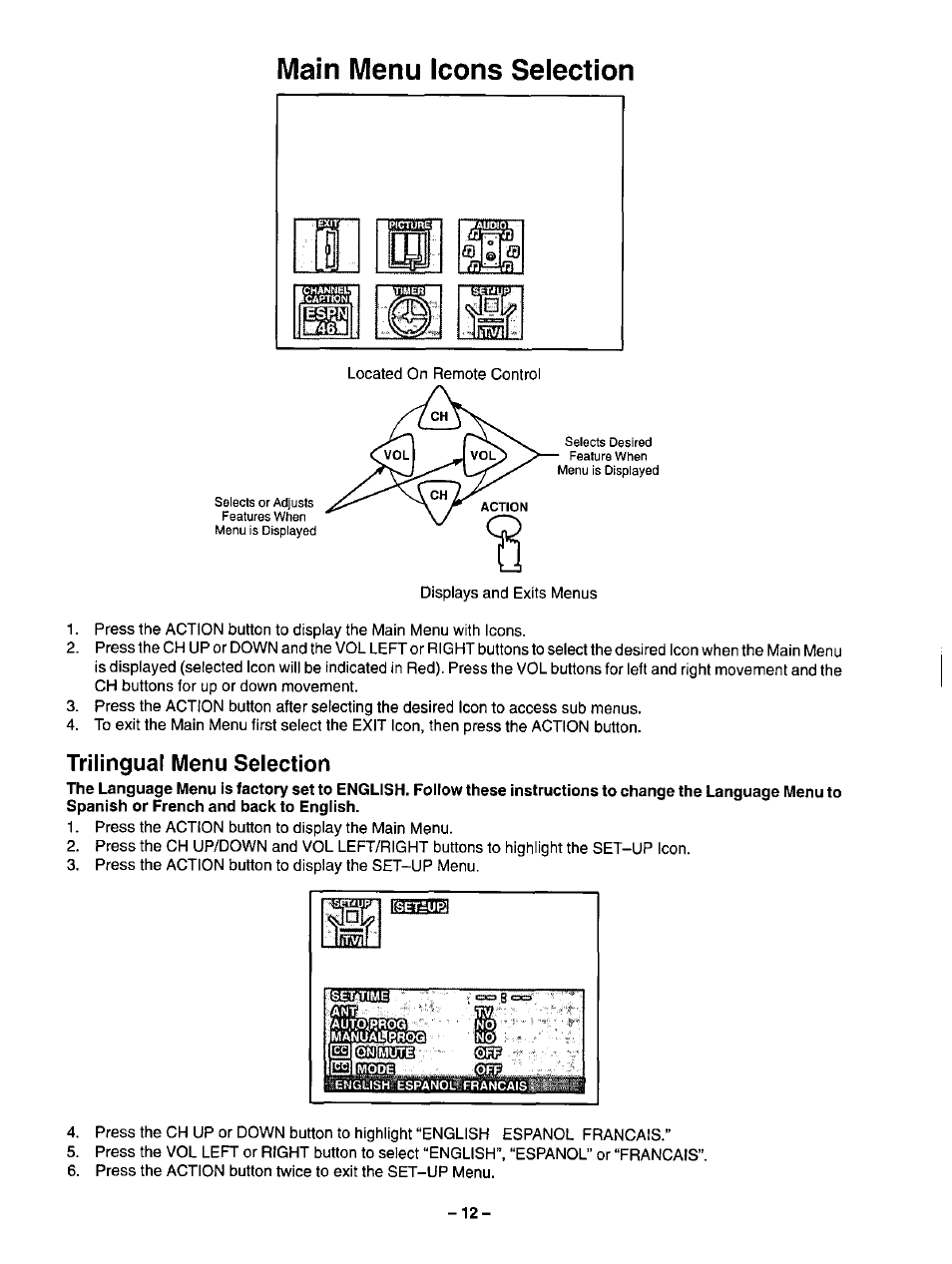 Trilingual menu selection, Main menu icons selection | Panasonic CT-20R13 User Manual | Page 12 / 24