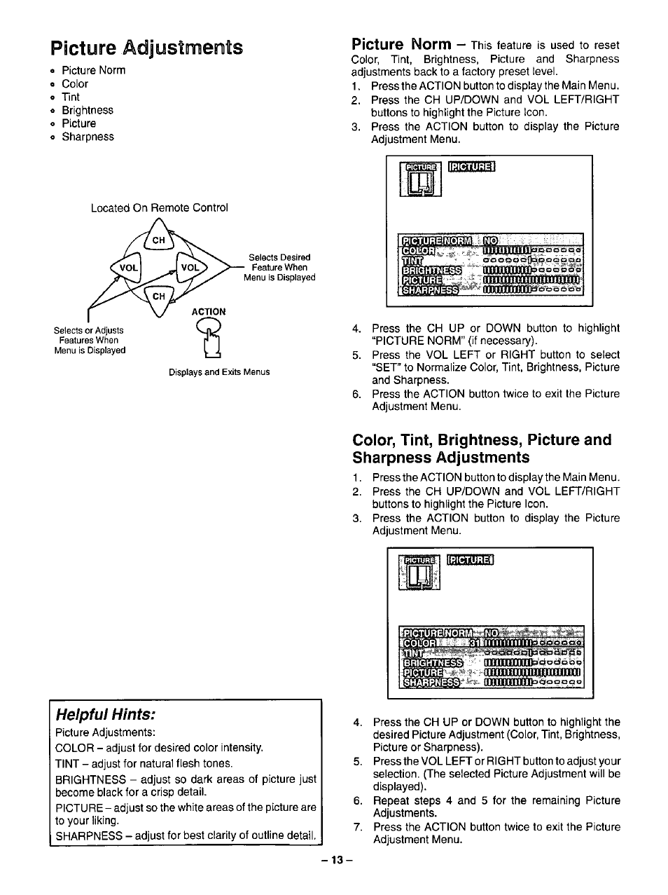Picture adjustments, Helpful hints | Panasonic CT-20R13 User Manual | Page 13 / 24