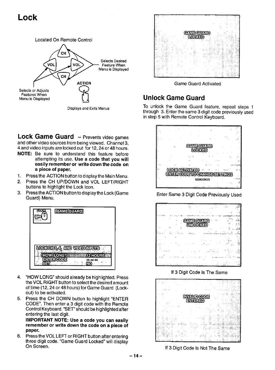 Unlock game guard, Lock game guard, Lock | Panasonic CT-20R13 User Manual | Page 14 / 24