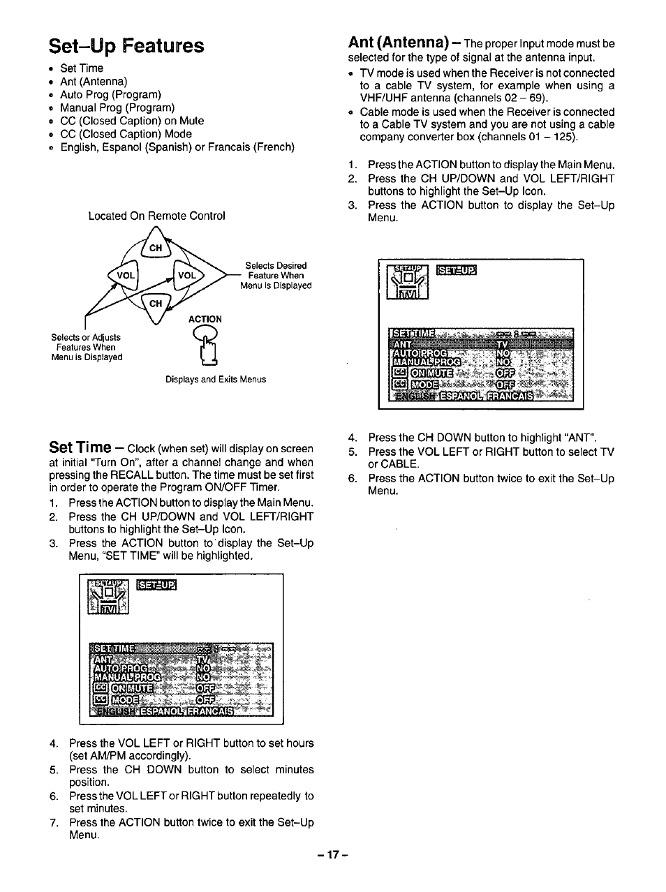Set-up features | Panasonic CT-20R13 User Manual | Page 17 / 24