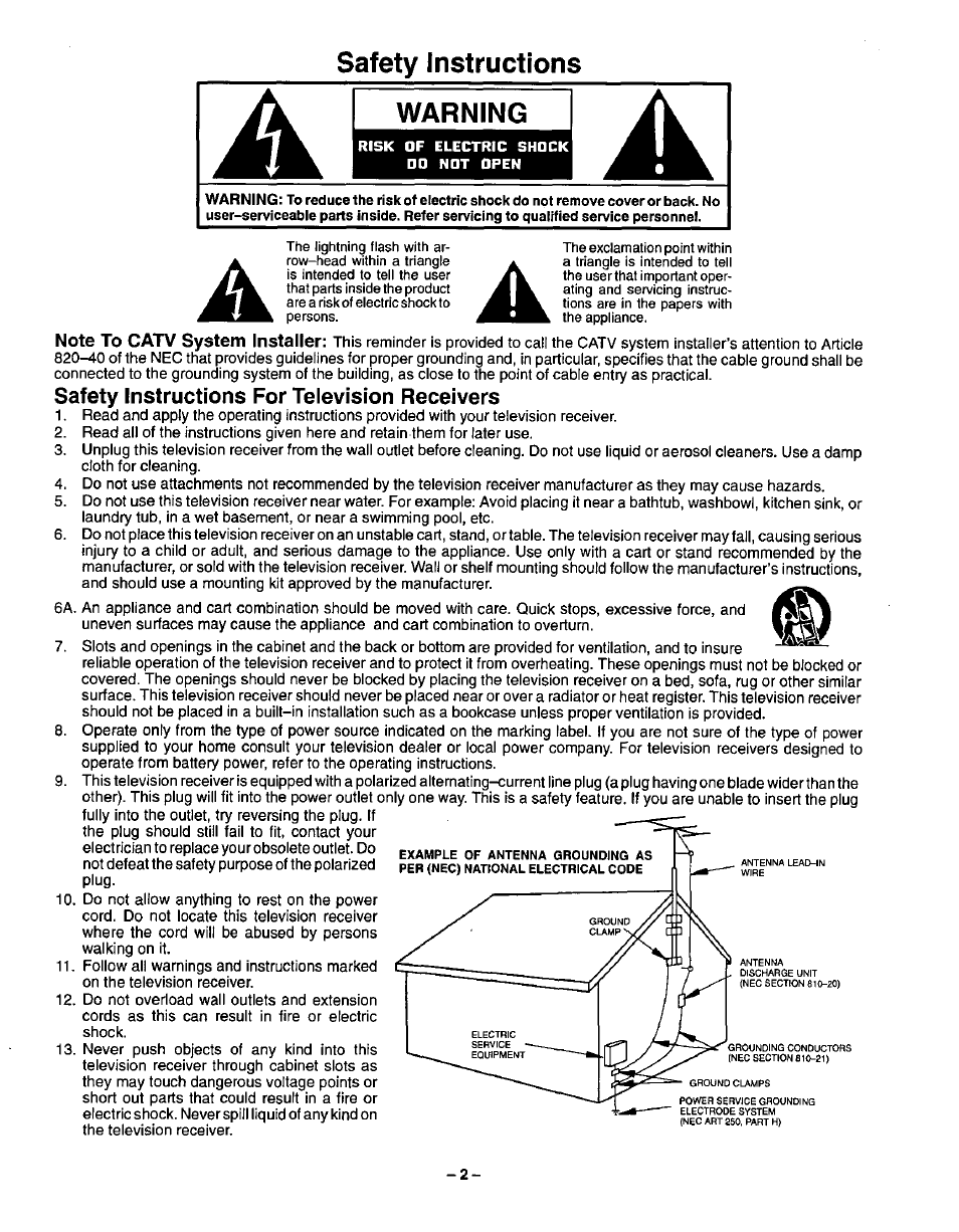 Safety instructions for television receivers, Safety instructions warning | Panasonic CT-20R13 User Manual | Page 2 / 24