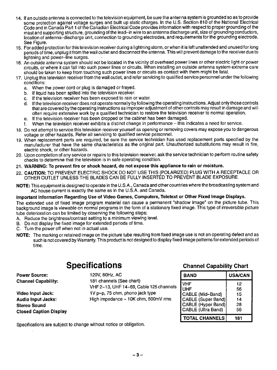 Specifications | Panasonic CT-20R13 User Manual | Page 3 / 24