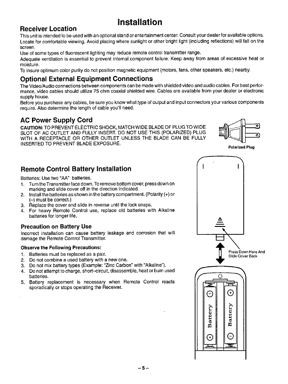 Receiver location, Optional external equipment connections, Ac power supply cord | Remote control battery installation, Precaution on battery use, Installation | Panasonic CT-20R13 User Manual | Page 5 / 24