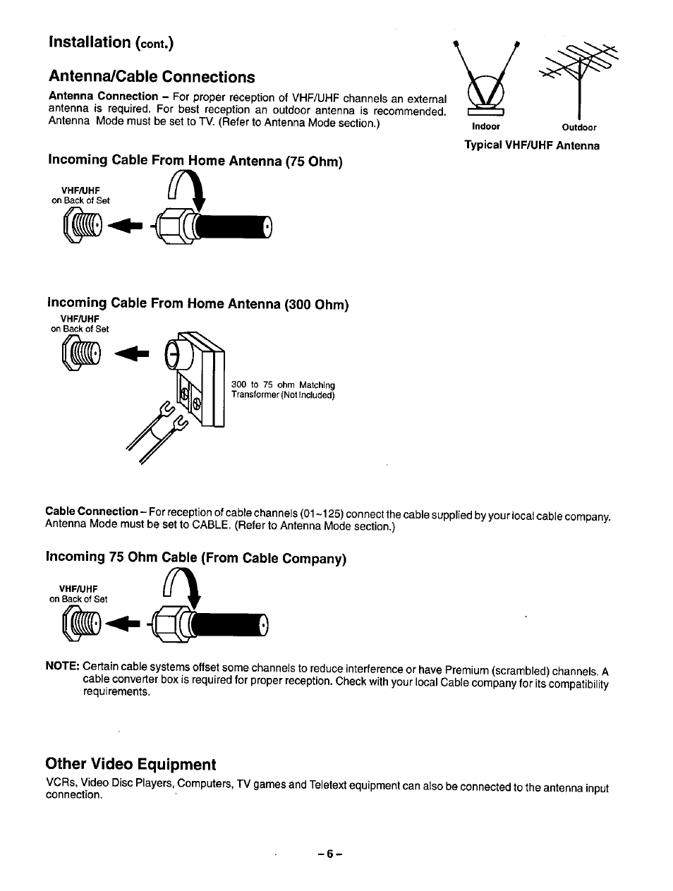 Installation (cont.), Antenna/cable connections, Incoming cable from home antenna (75 ohm) | Incoming cable from home antenna (300 ohm), Incoming 75 ohm cable (from cable company), Other video equipment, Antenna/cable connections other video equipment | Panasonic CT-20R13 User Manual | Page 6 / 24