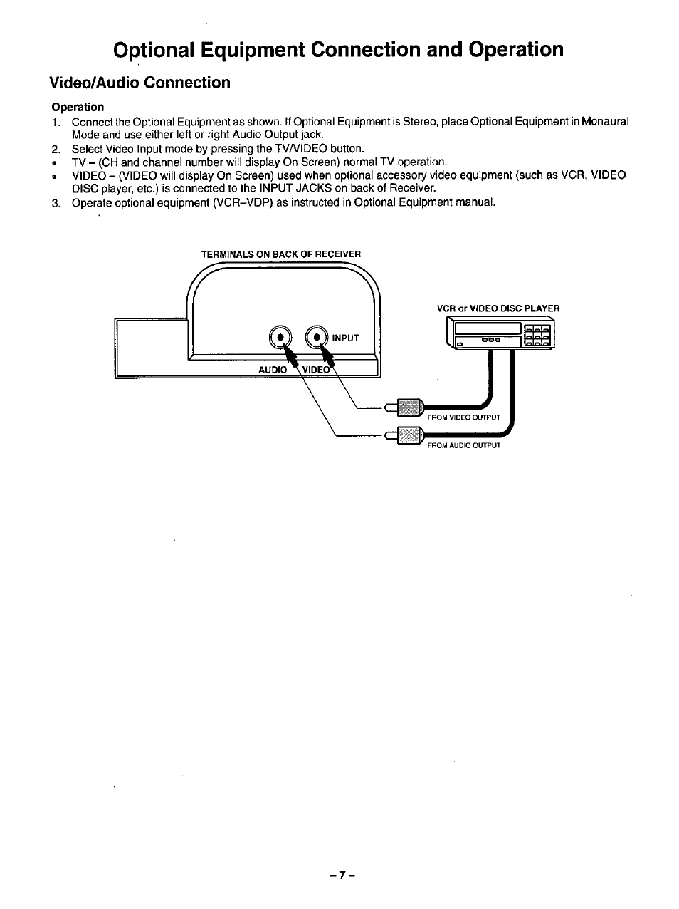 Video/audio connection, Operation, Optional equipment connection and operation | Panasonic CT-20R13 User Manual | Page 7 / 24