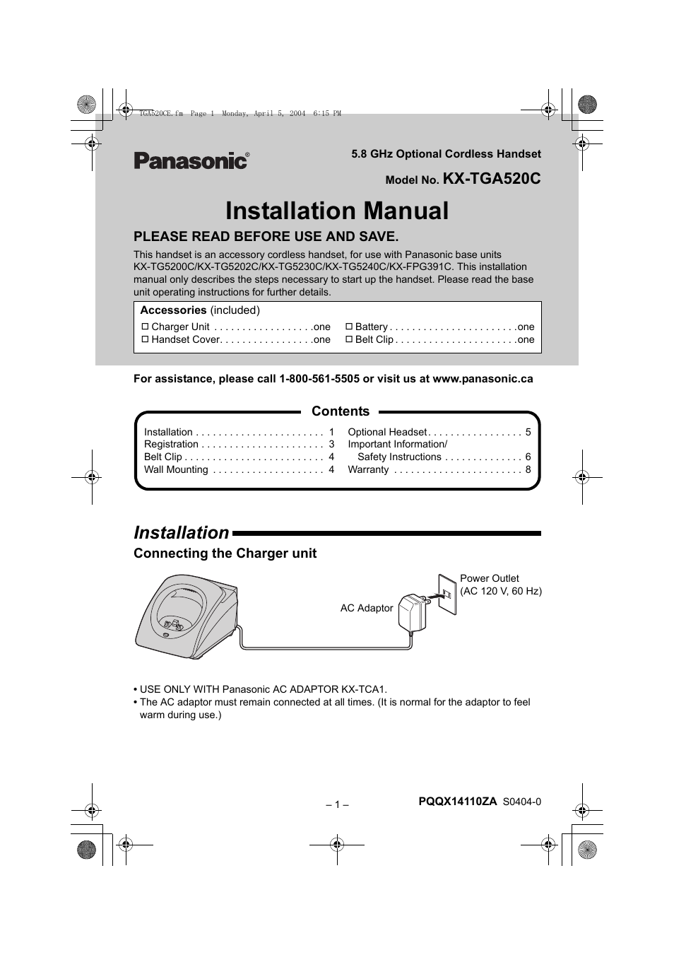 Panasonic KX-TGA520C User Manual | 8 pages