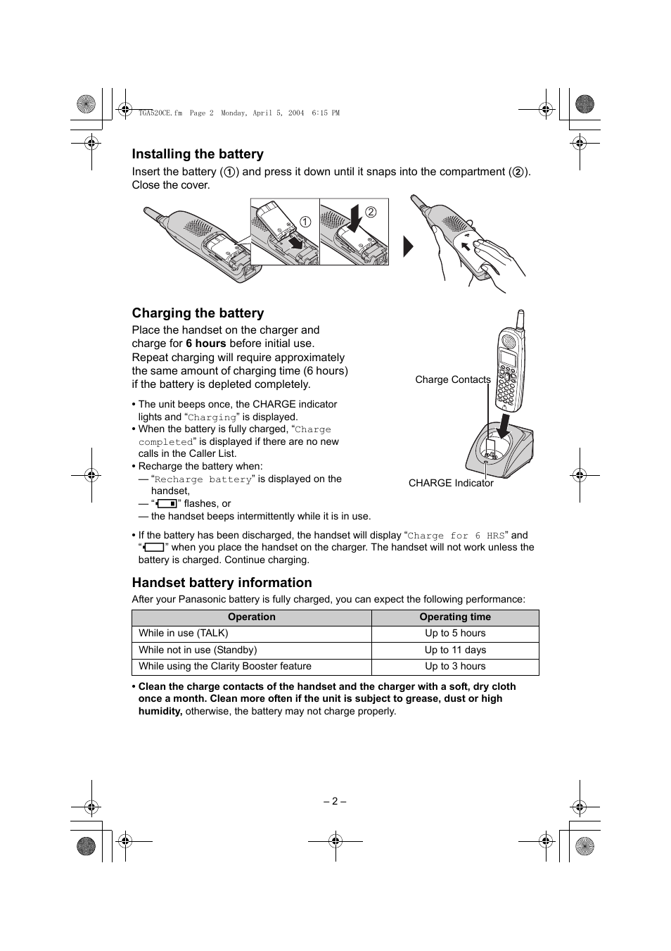 Installing the battery, Charging the battery, Handset battery information | Panasonic KX-TGA520C User Manual | Page 2 / 8