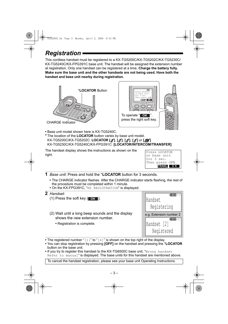 Handset registering, Handset [2] registered, Registration | Panasonic KX-TGA520C User Manual | Page 3 / 8