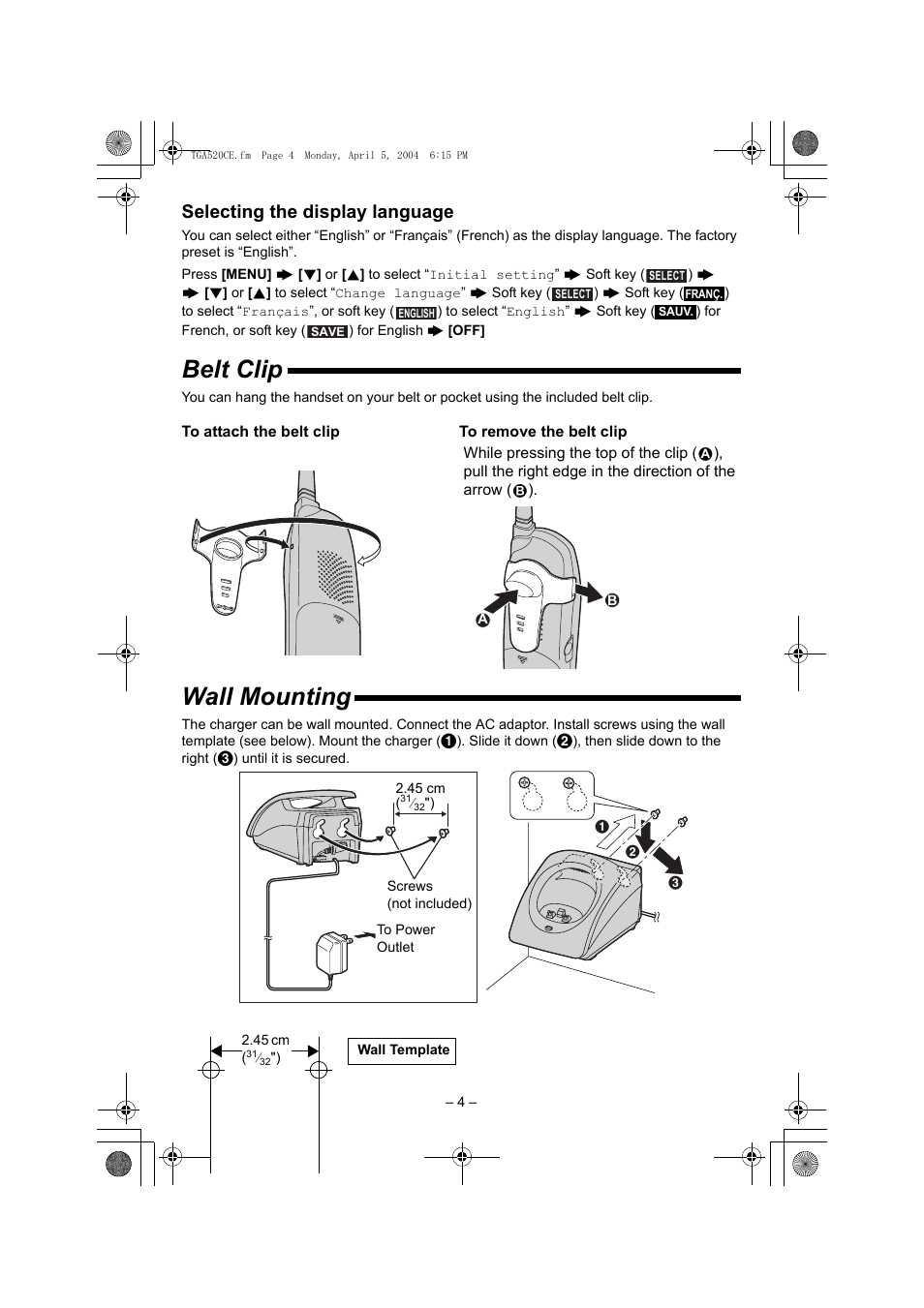 Belt clip, Wall mounting, Selecting the display language | Panasonic KX-TGA520C User Manual | Page 4 / 8