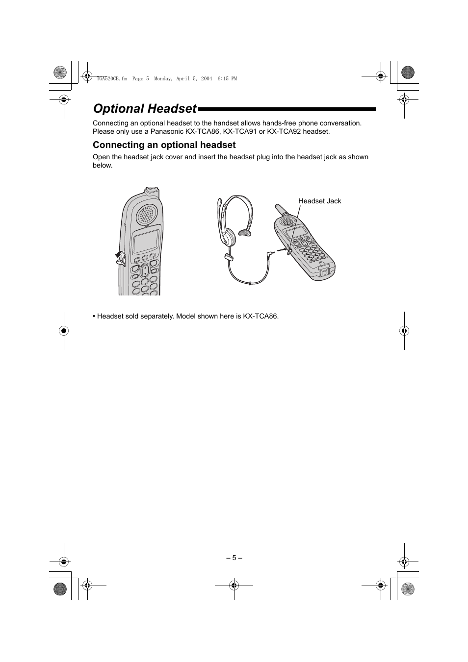 Optional headset | Panasonic KX-TGA520C User Manual | Page 5 / 8