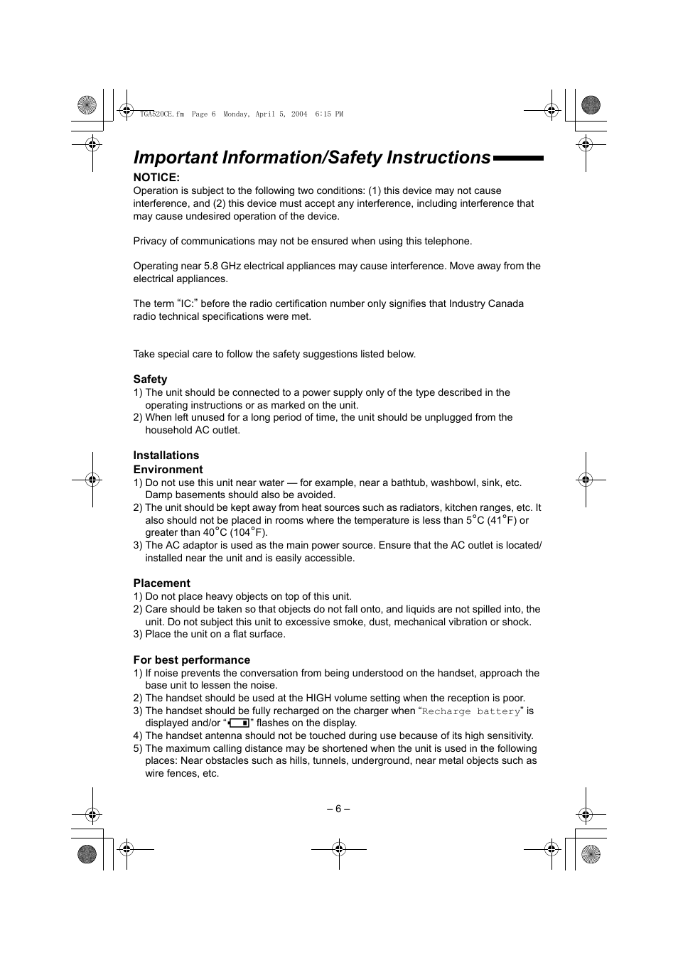 Important information/safety instructions | Panasonic KX-TGA520C User Manual | Page 6 / 8