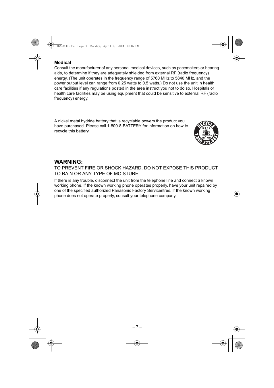 Warning | Panasonic KX-TGA520C User Manual | Page 7 / 8