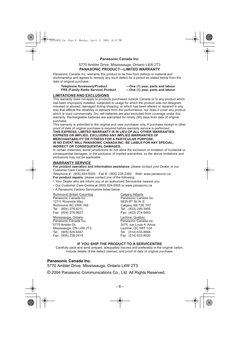 Panasonic KX-TGA520C User Manual | Page 8 / 8