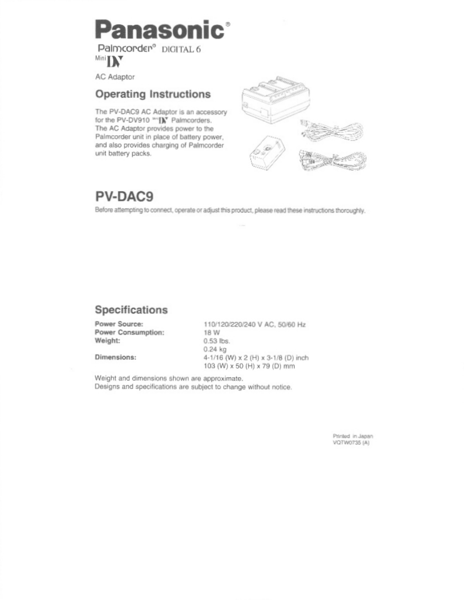 Panasonic PV DAC9 User Manual | 8 pages