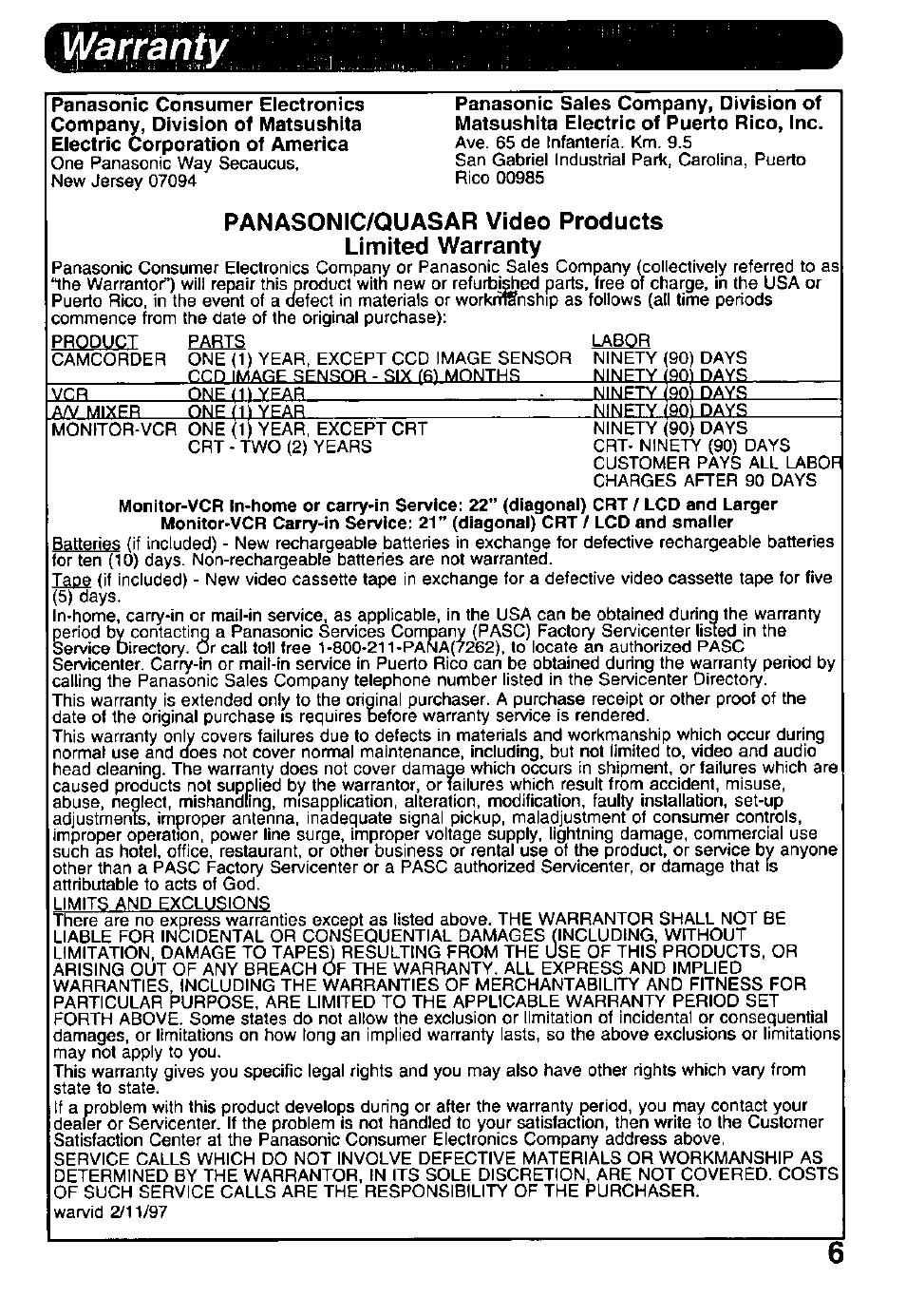 Warranty, Panasonic/quasar video products limited warranty | Panasonic PV DAC9 User Manual | Page 6 / 8