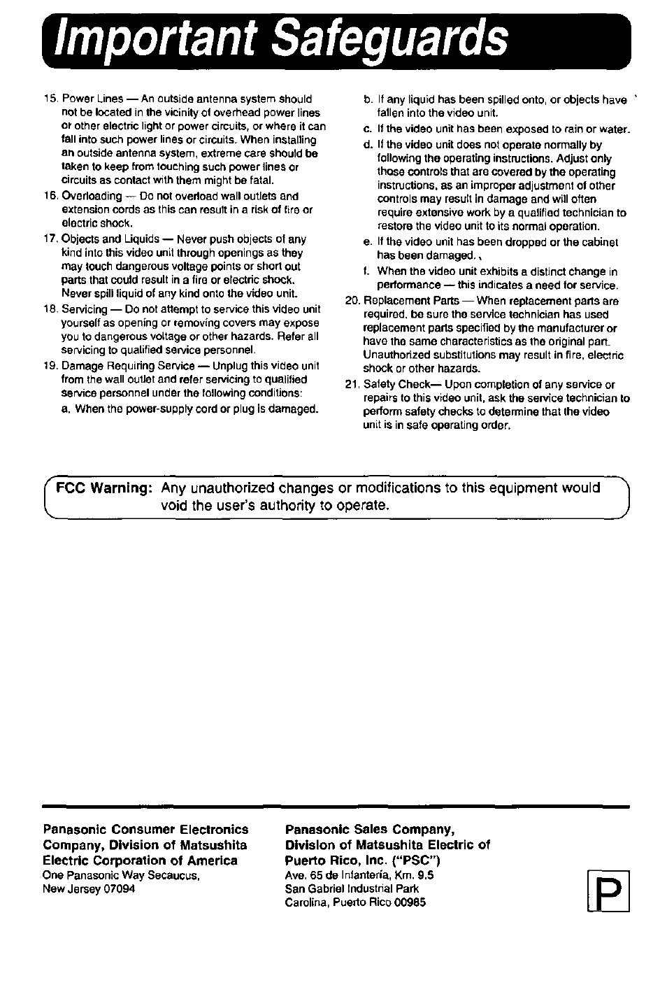 Important safeguards | Panasonic PV DAC9 User Manual | Page 8 / 8