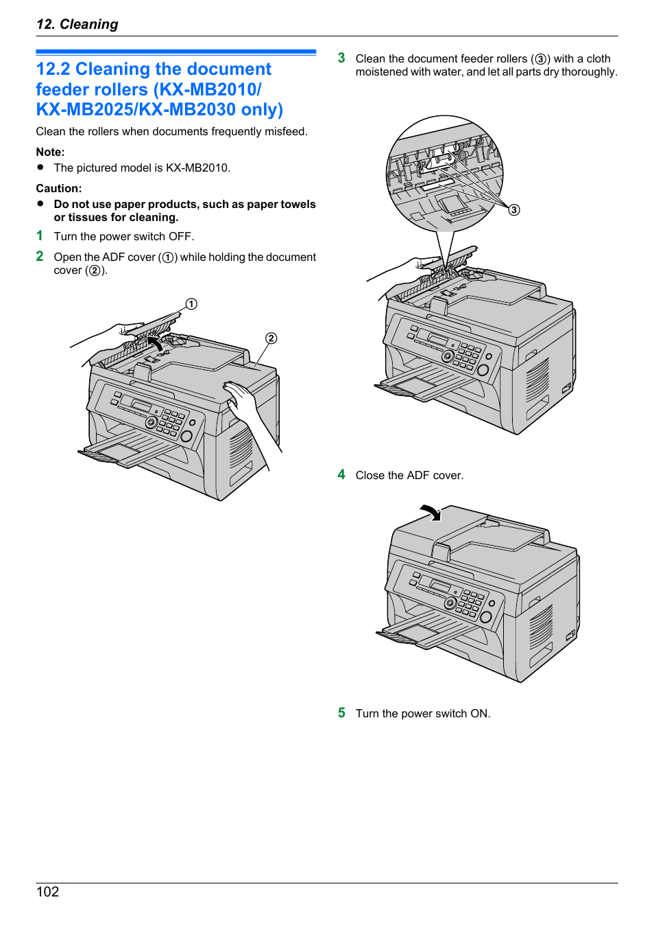 Cleaning the document feeder rollers, Kx-mb2010/kx-mb2025/kx-mb2030 only) | Panasonic KX-MB2030EX User Manual | Page 102 / 124