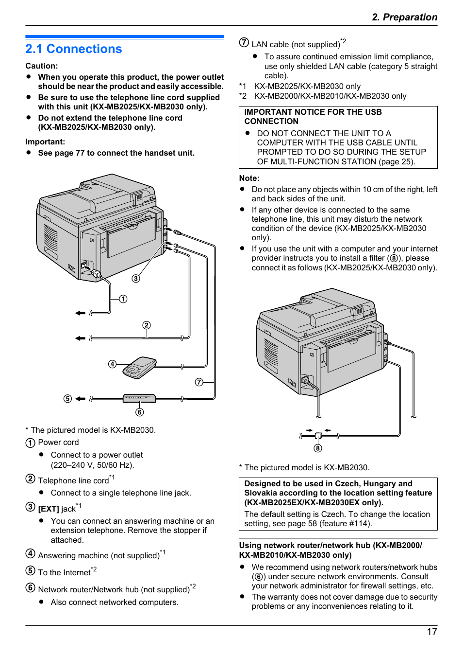 Preparation, Connections and setup, 1 connections | Connections | Panasonic KX-MB2030EX User Manual | Page 17 / 124