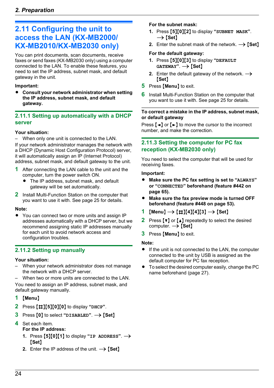 1 setting up automatically with a dhcp server, 2 setting up manually, Configuring the unit to access the lan | Kx-mb2000/kx-mb2010/kx-mb2030 only) | Panasonic KX-MB2030EX User Manual | Page 24 / 124