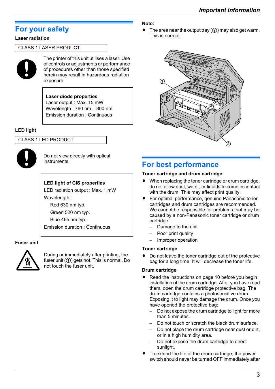 Important information, For your safety, For best performance | Panasonic KX-MB2030EX User Manual | Page 3 / 124